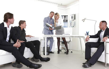 Sylphlike czech milf Brittany Bardot in fancy skirt fucked hard by many guys in office